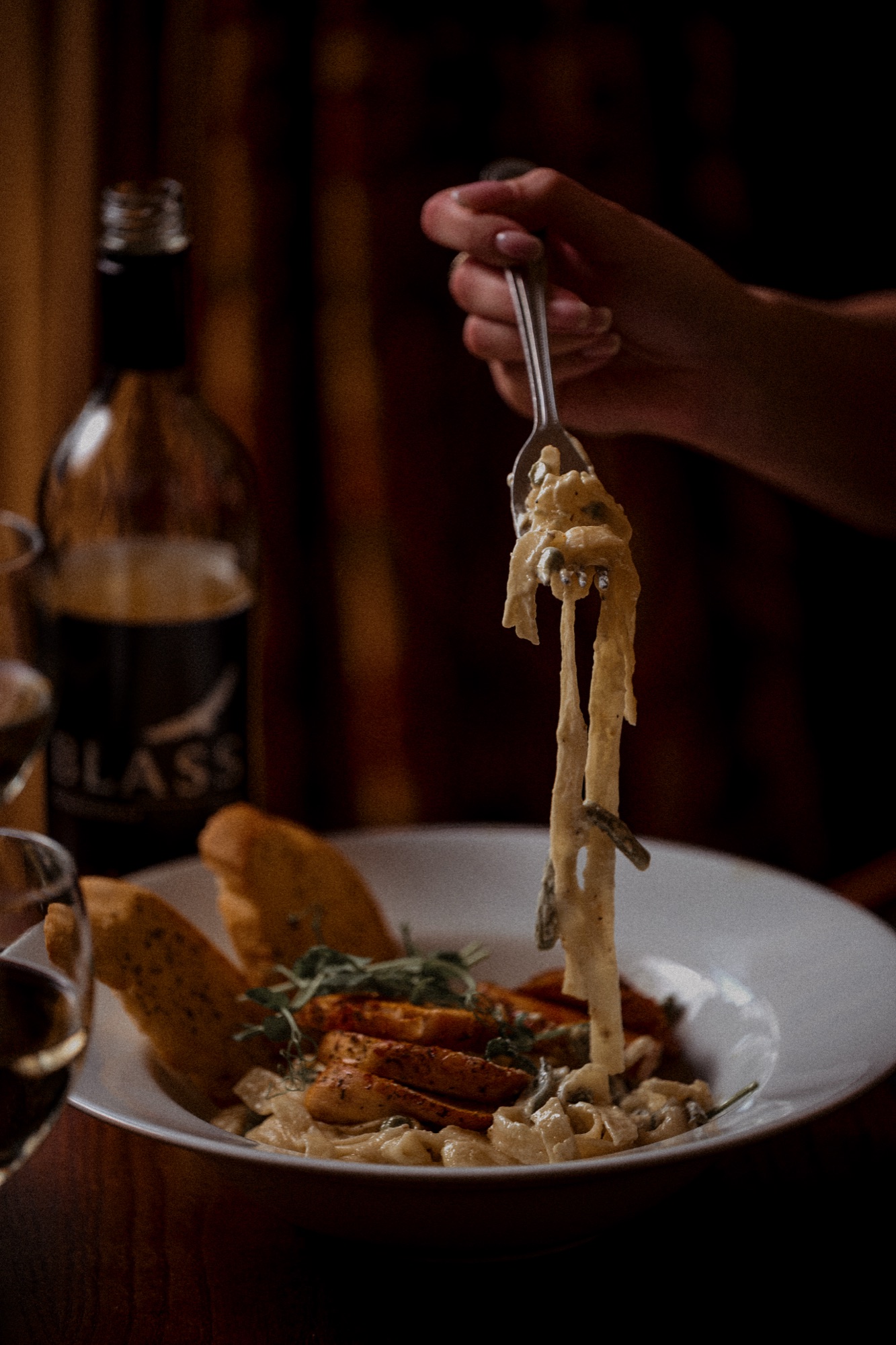 A plate of pasta photographed close and from above at The Red Lion, natural light and minimal styling.