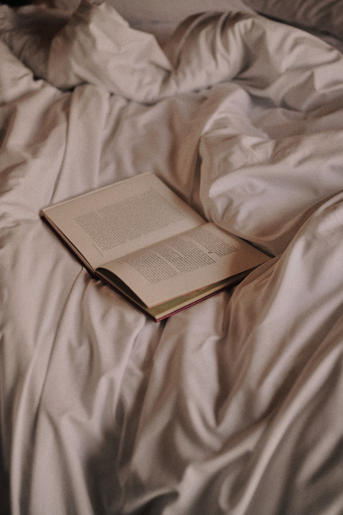 An open book resting on rumpled white bedding at The Red Lion.