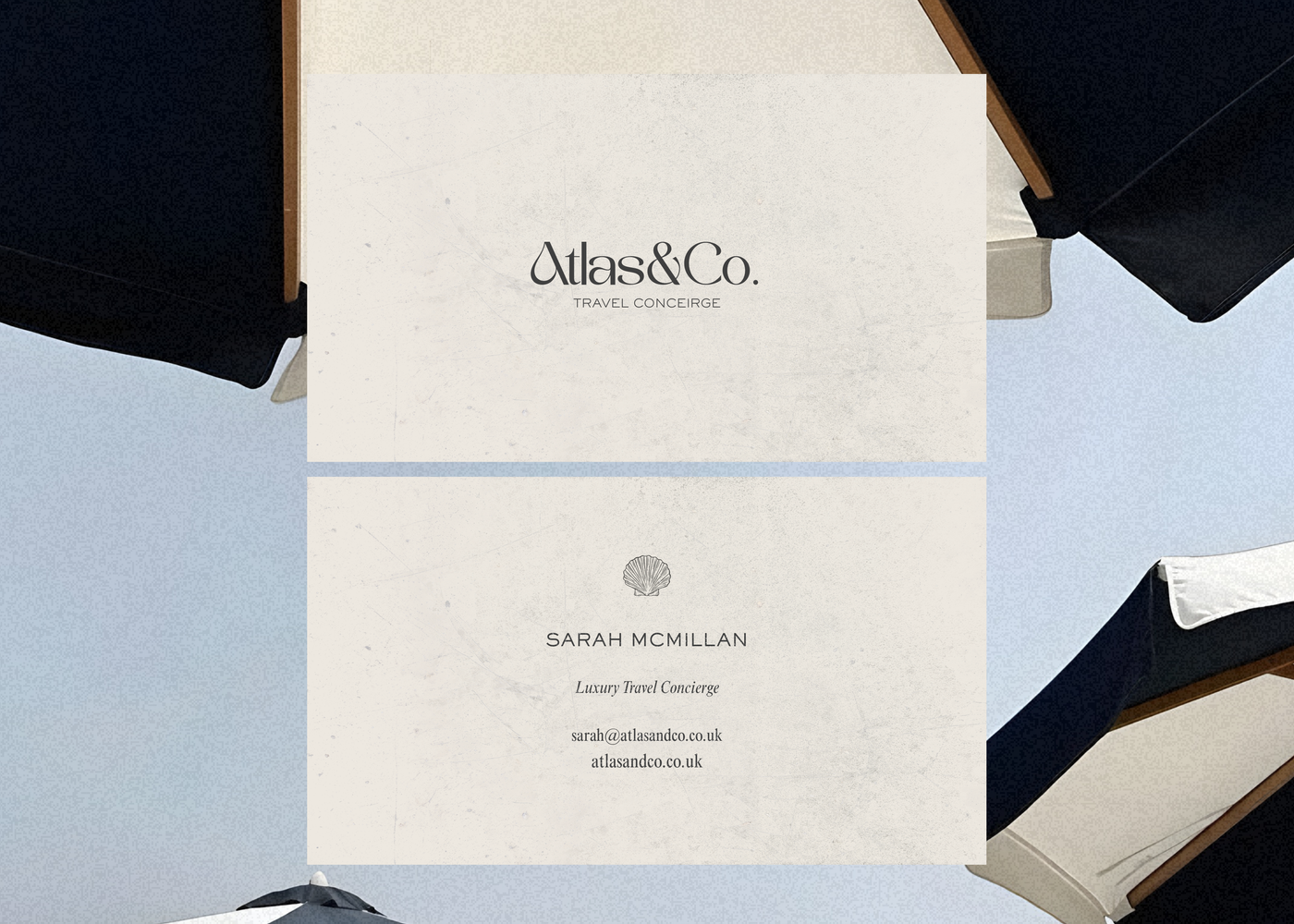 Luxury travel stationery for Atlas & Co featuring refined typography and coastal branding.