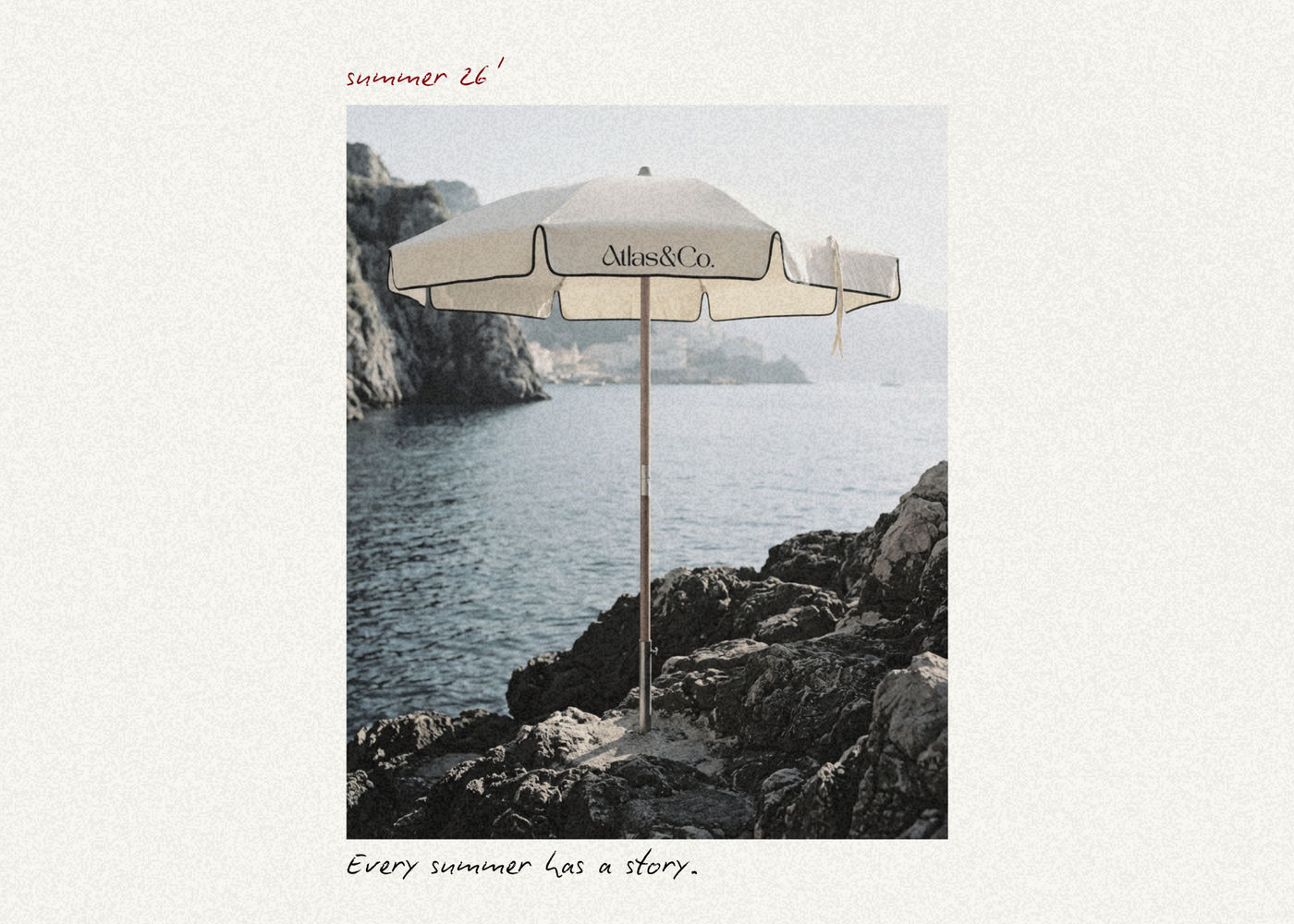 Coastal travel scene featuring Atlas & Co branded parasol.