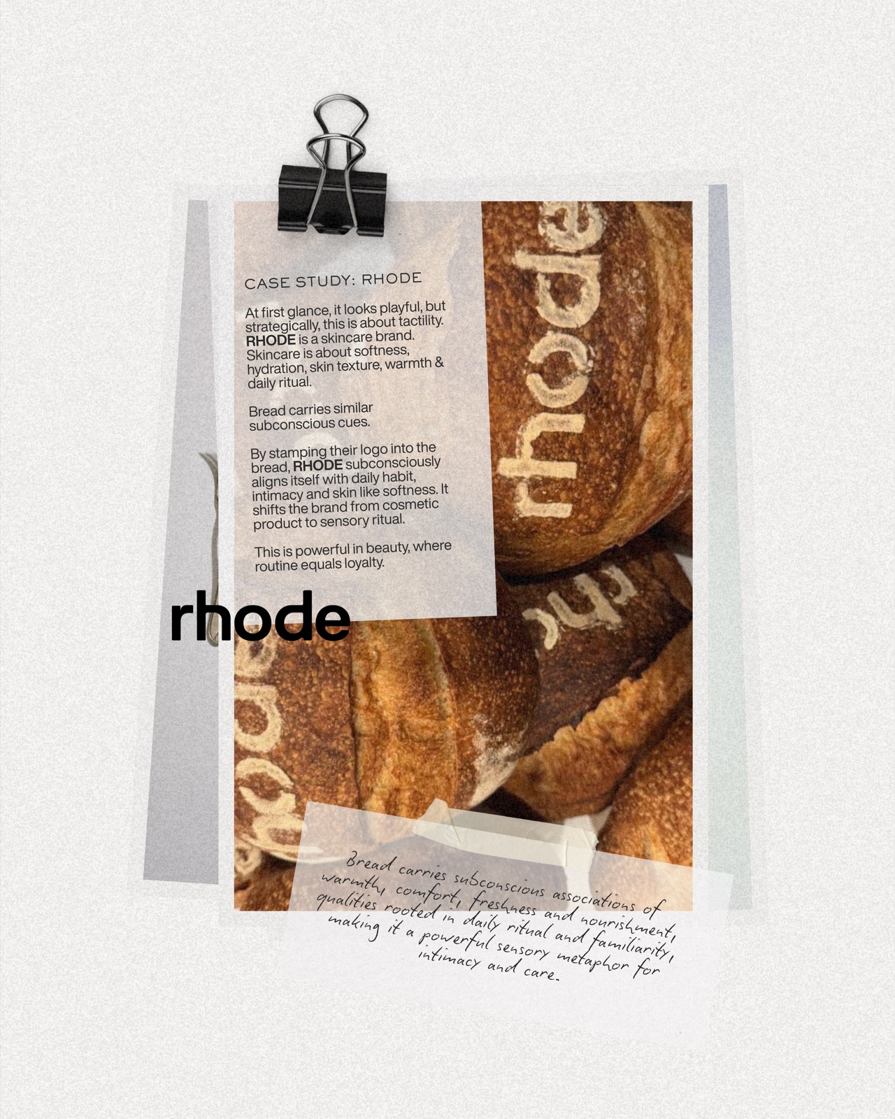 RHODE skincare logo stamped into artisan bread, illustrating sensory marketing through warmth, texture and daily ritual in luxury beauty branding.