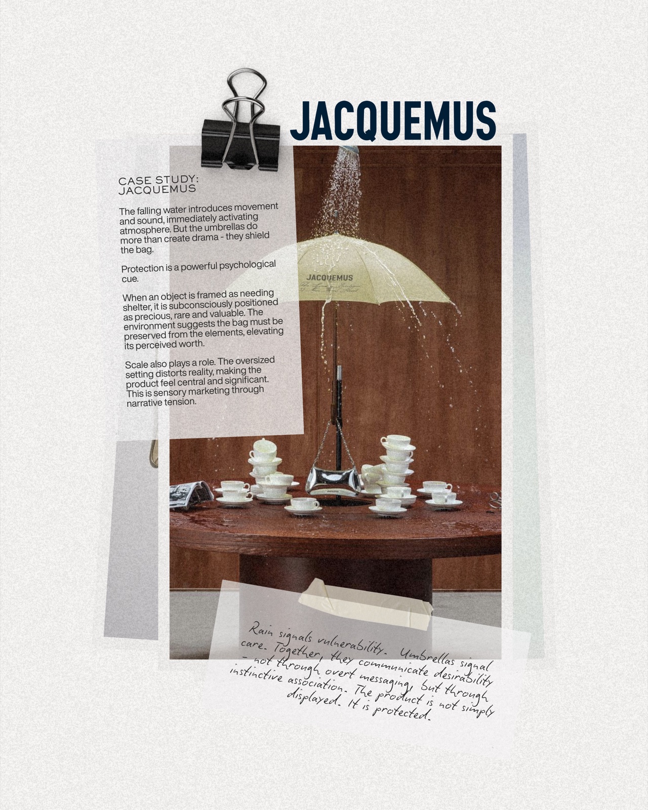 Jacquemus handbag protected by umbrella in rain installation, showcasing sensory marketing through atmosphere, protection and immersive luxury branding.
