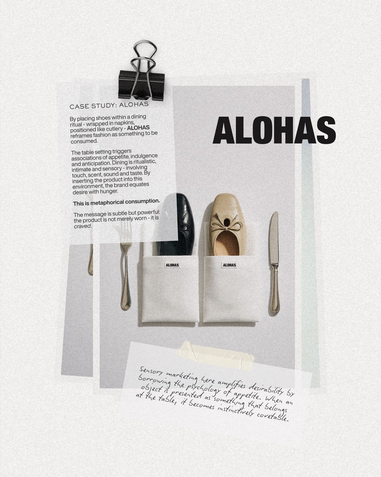 ALOHAS shoes presented in napkins like cutlery at a dining table, demonstrating sensory marketing through appetite metaphor and experiential fashion branding.